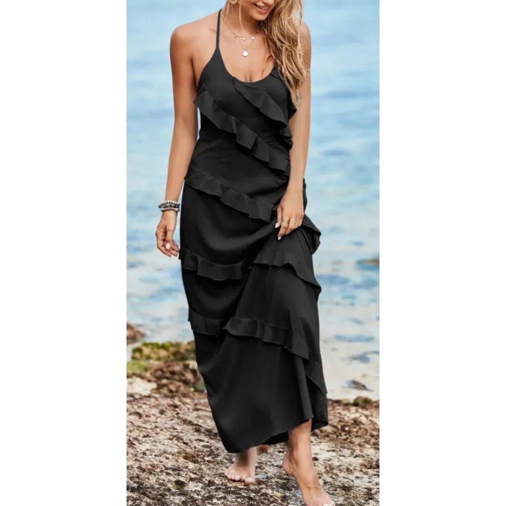 NEW NWT Solid Black Jr Sz Large Sleeveless Ruffled Lined Halter Dress WENRINE